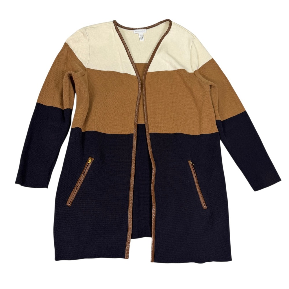 Charter Club Milano Open Front Colorblock Cardigan Womens Large Zipped Pockets